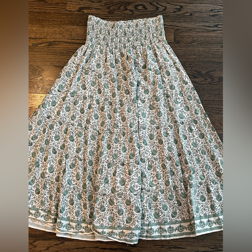 Max Studio Cream and Green Floral Smocked Top
